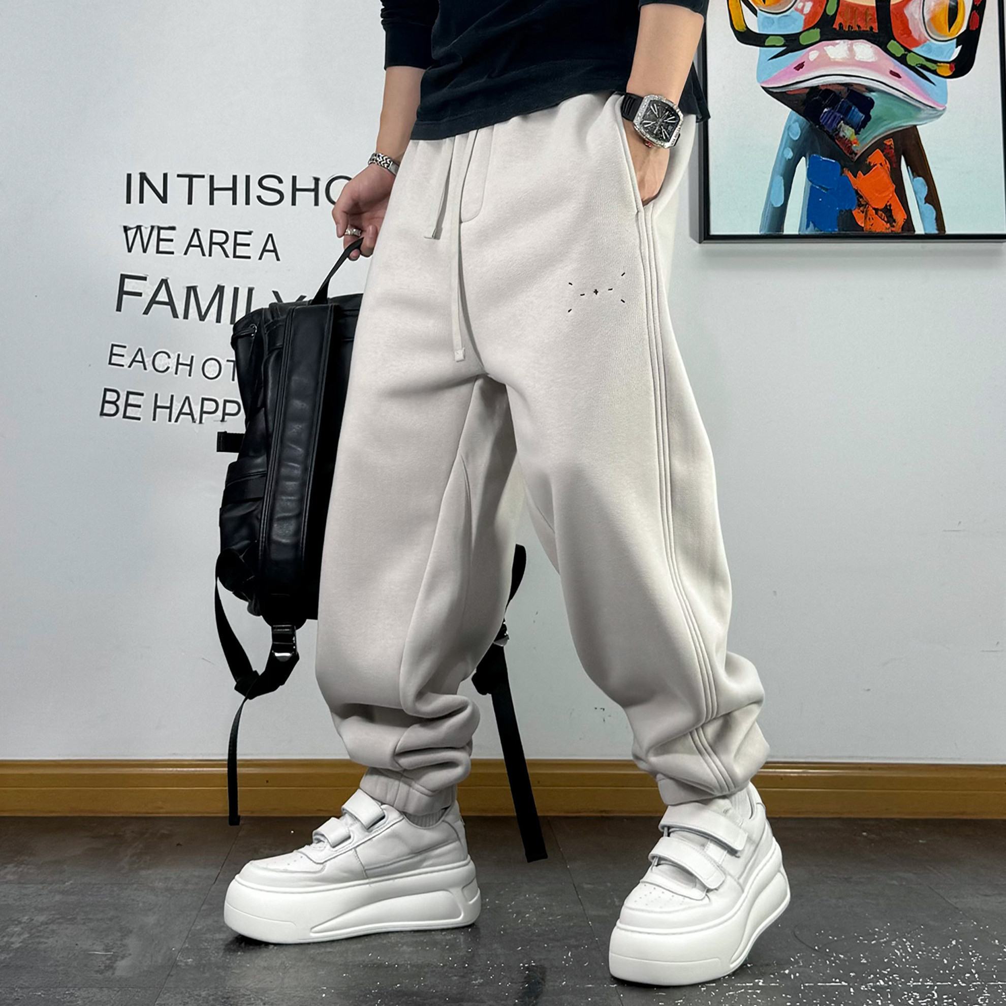 秋冬季加绒针织卫裤男美式休闲宽松抽绳束脚健身运动男裤青年纯色