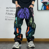 潮牌宽松直筒个性 子男 青年痞帅微喇休闲裤 涂鸦潮流牛仔裤 男春秋款