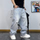 高街休闲阔腿百搭宽松直筒长裤 美式 新款 男夏季 潮牌破洞浅色牛仔裤