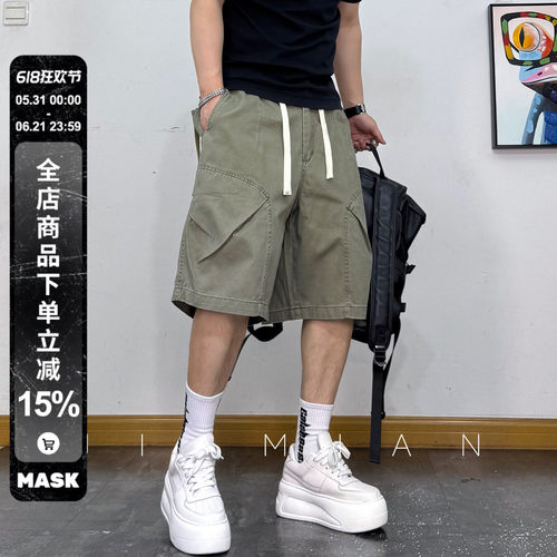 薄款潮流伐木工装弯刀五分中裤男