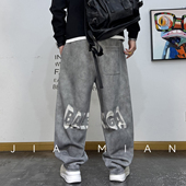 男2026春秋宽松抽绳直筒运动休闲长裤 美式 风潮流字母烧花扎染卫裤