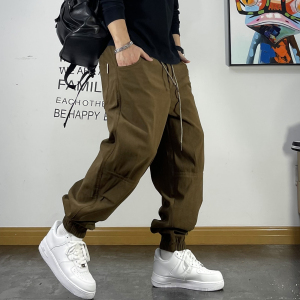 美式休闲裤宽松束脚抽绳绣标华夫格秋款卫裤男青年潮流褶皱运动裤