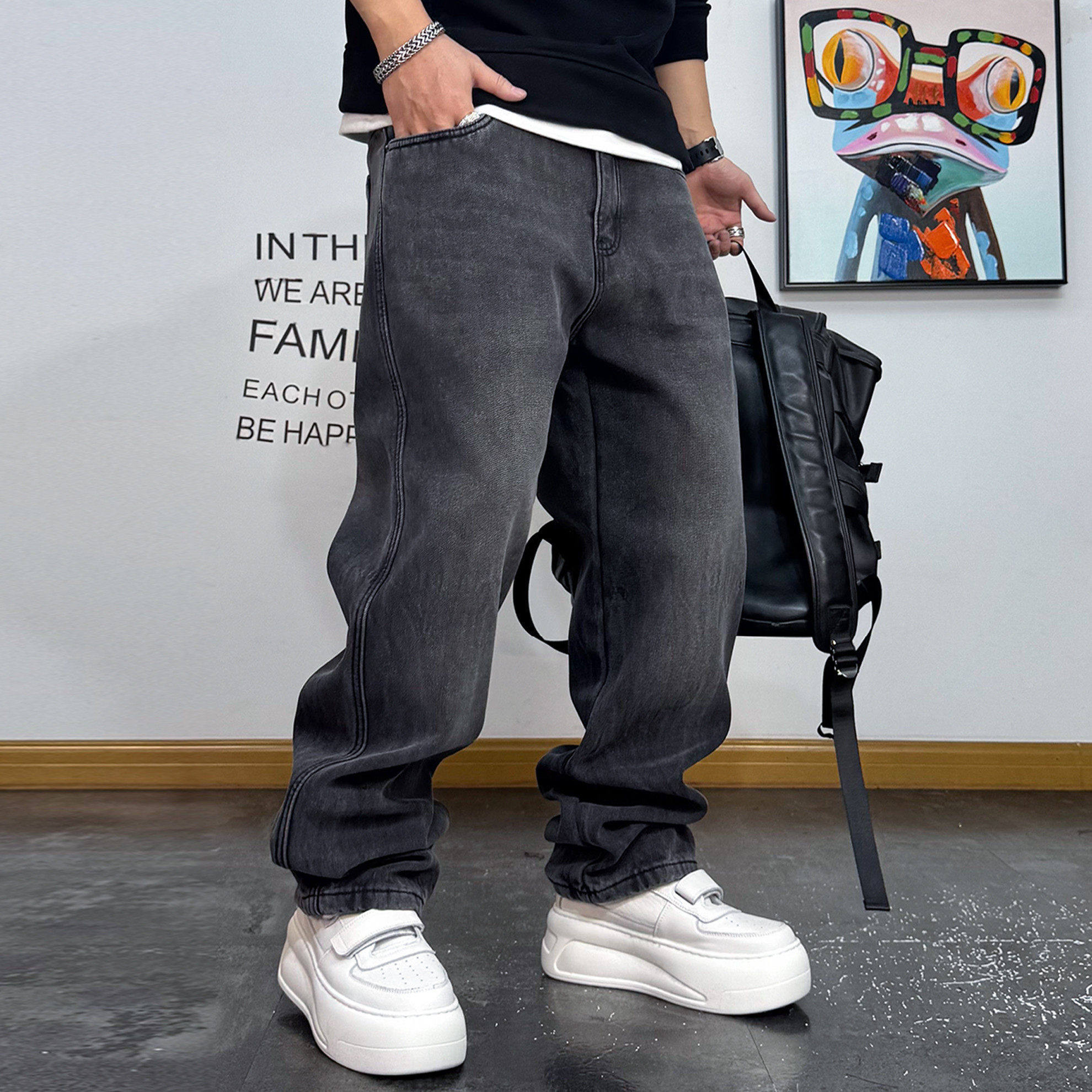 美式复古做旧水洗加绒微喇牛仔裤男宽松阔腿加厚直筒男裤冬季休闲,男装,牛仔裤,淘宝优惠券,粉丝福利购,淘宝优惠卷