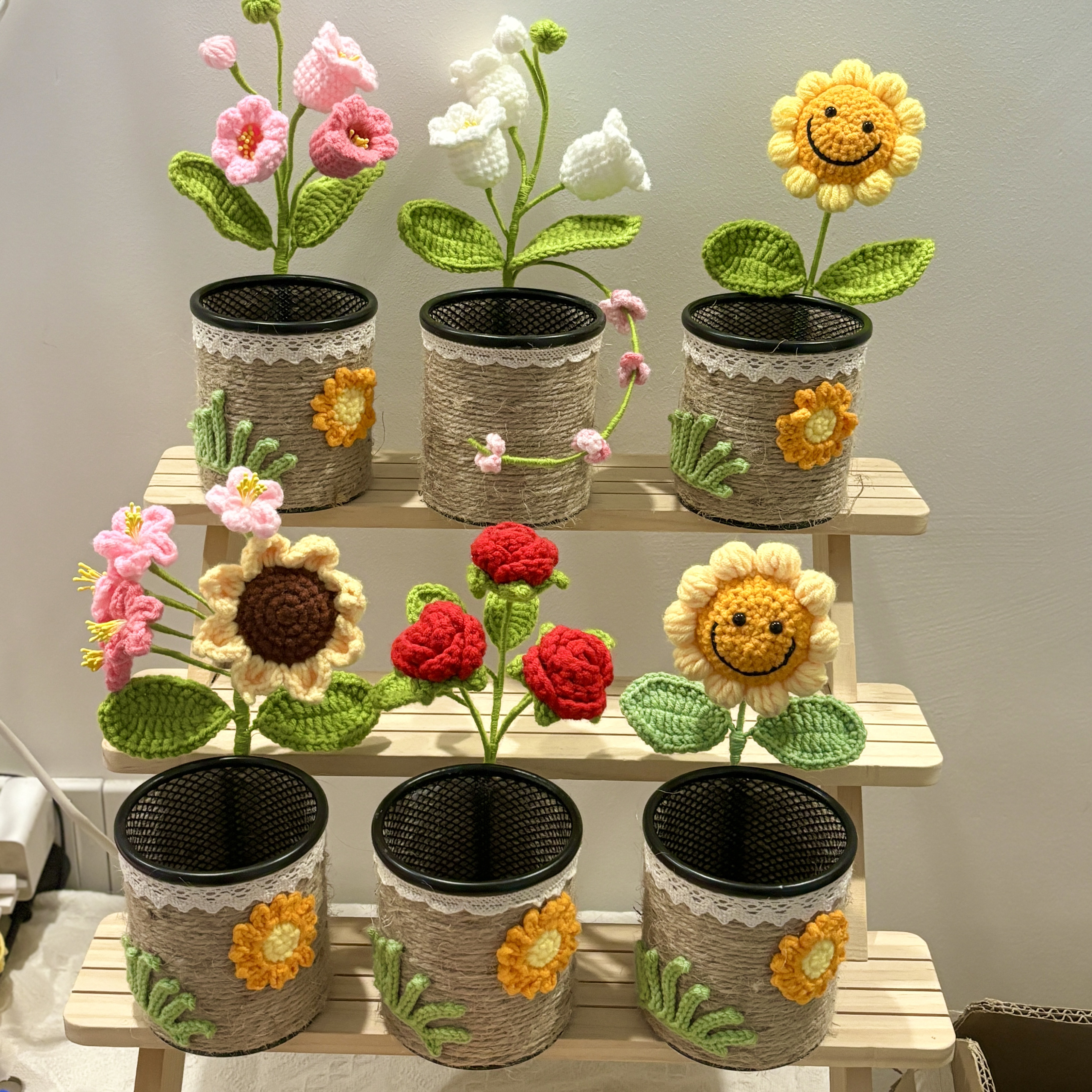 【成品】手工钩织蔷薇花笔筒创意摆件毛线教师节礼物钩织笔筒diy