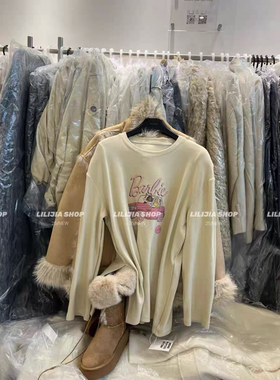 MH家 2025秋冬韩版宽松显瘦百搭圆领印花加绒开衩长袖T恤女上衣