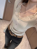 MH家 上衣女设计感甜辣打底衫 2025秋冬新款 蕾丝假两件长袖