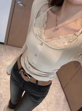MH家 2025秋冬新款蕾丝假两件长袖上衣女设计感甜辣打底衫