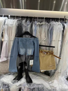 MH家 甜酷辣妹牛仔长袖衬衫女夏一字肩设计感小众修身显瘦上衣