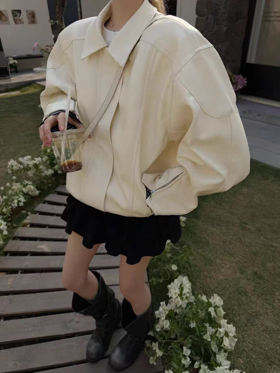 MH家 2026春季新款韩版简约百搭翻领短款拉链皮衣夹克外套女