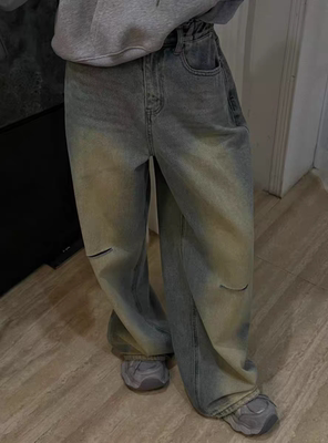 MH家 2026春季新款韩版复古水洗做旧割破牛仔裤女宽松阔腿裤