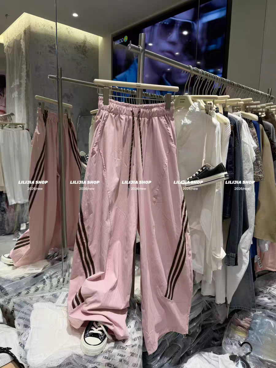 MH家 2026夏季新款韩版时尚百搭宽松三条杠阔腿休闲抽绳长裤女