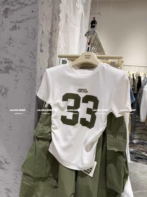 MH家 2026新款韩版时尚百搭显瘦收腰数字印花宽松短款T恤上衣