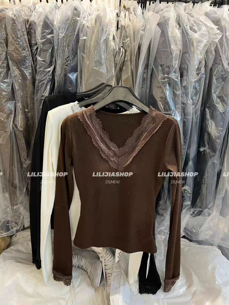 MH家 2025秋冬蕾丝花边V领打底衫女士修身气质显瘦上衣百搭