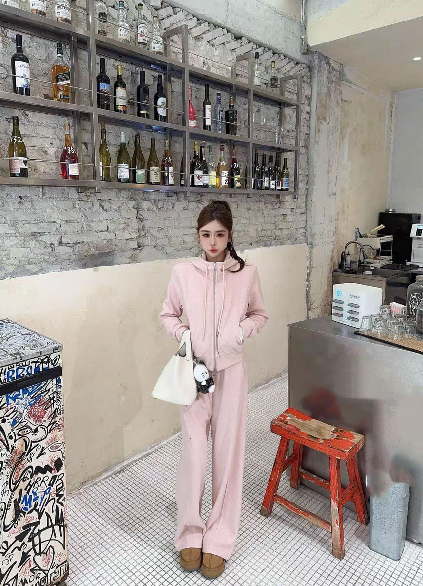 MH家 韩版连帽加绒卫衣女套装2025冬松紧高腰显瘦阔腿裤长裤