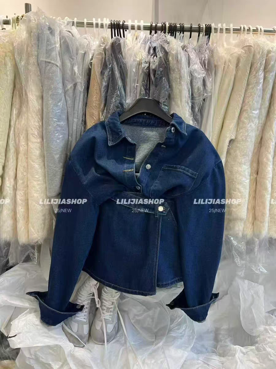 MH家 韩版时尚百搭宽松显瘦抓绒牛仔外套+不规则牛仔裙裤套装