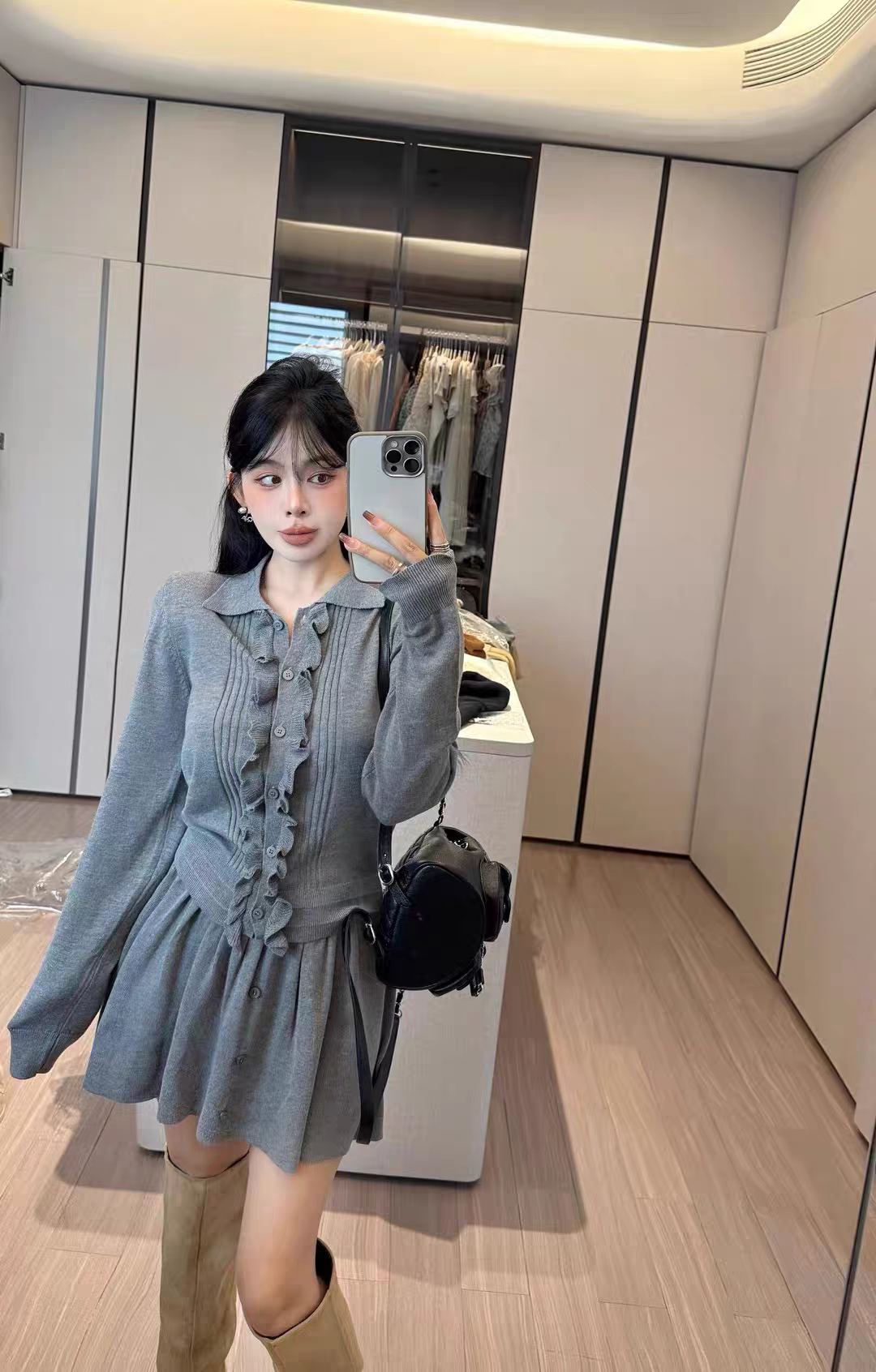 MH家 正版韩系复古甜辣妹木耳边针织开衫高腰显瘦百褶短裙套装