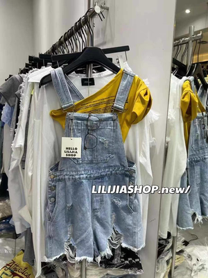 MH家 2025夏季新款韩版时尚百搭显瘦高腰破洞牛仔背带短裤女