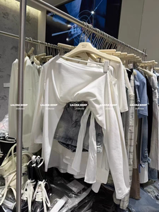 时尚 MH家 2026新款 韩版 T恤 百搭显瘦气质斜肩绑带防晒长袖