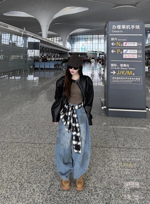 MH家 2025早秋新款拖地裤女韩版设计感格子屁帘高腰显瘦牛仔裤