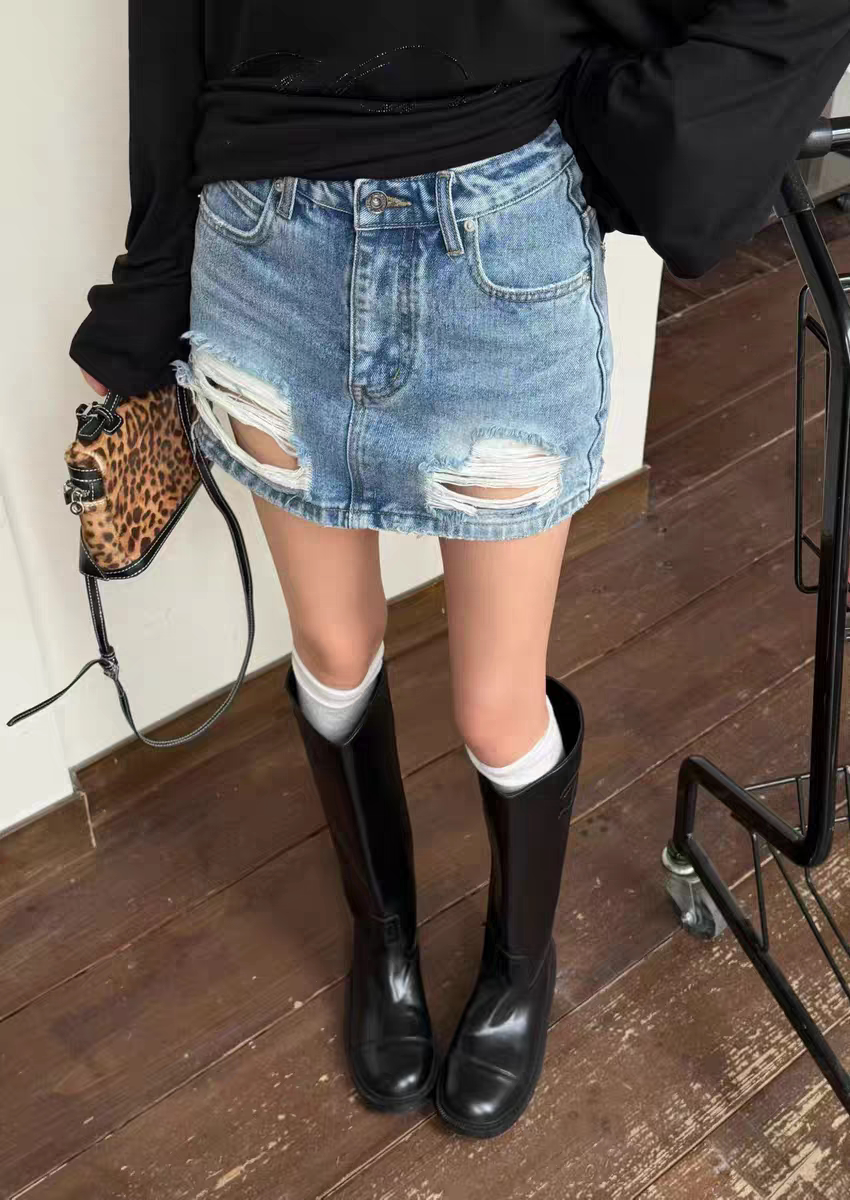 MH家 2026春新款韩版高腰显瘦百搭牛仔裙女宽松磨破破洞半身裙