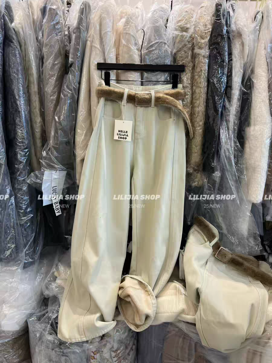 MH家 白杏色加绒牛仔裤女2025冬宽松显瘦直筒裤毛毛腰带阔腿裤,女装/女士精品,牛仔裤,淘宝优惠券,粉丝福利购,淘宝优惠卷