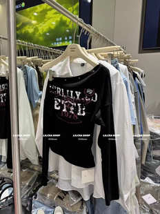 2026新款 T恤女打底衫 韩版 百搭显瘦斜肩字母印花长袖 时尚 MH家