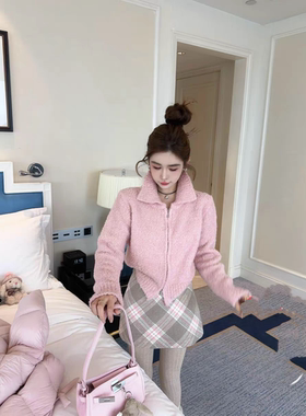 MH家 韩版圈圈毛针织通勤百搭长袖立领双向拉链毛衫上衣女