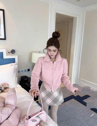 MH家 韩版圈圈毛针织通勤百搭长袖立领双向拉链毛衫上衣女