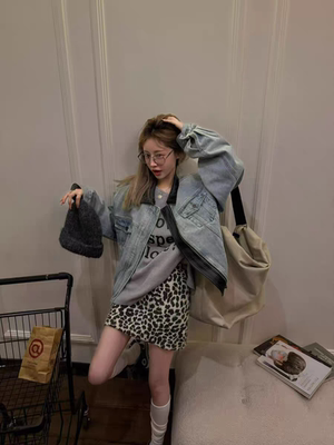 MH家 2026春新款韩版宽松休闲百搭拼皮牛仔外套女短款夹克上衣