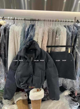 MH家 秋冬新品小个子深灰色羽绒棉外套+短裙两件套套装女