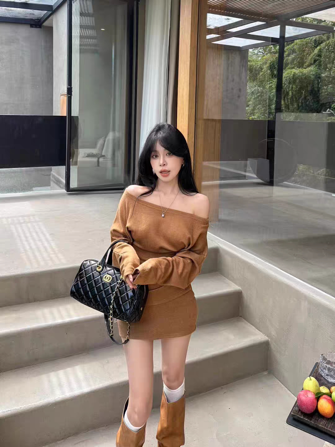 MH家 2026秋季韩版时尚百搭显瘦斜肩针织开衩上衣+半身裙套装