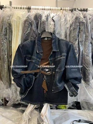 MH家 牛仔两件套女2025秋宽松翻领单排扣外套高腰半身裙套装