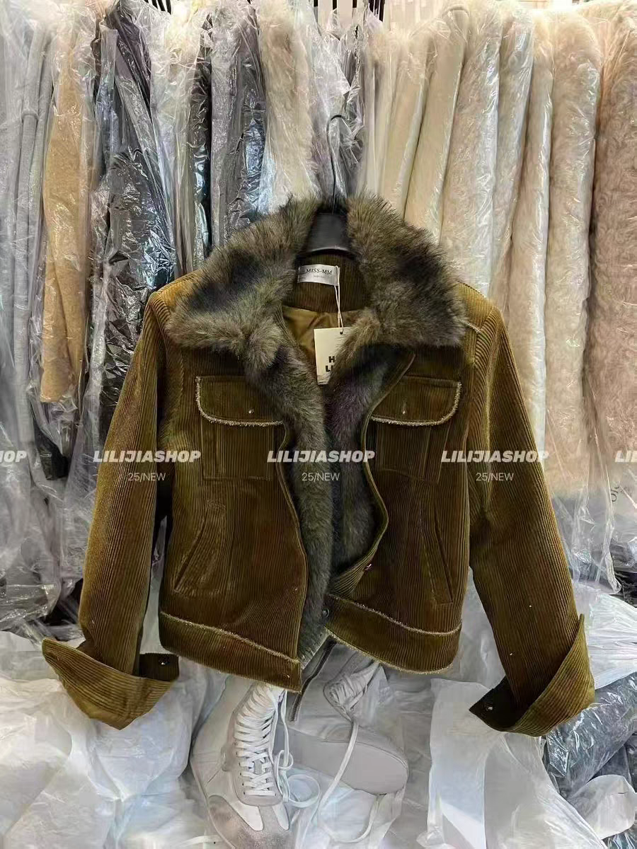 MH家 2025冬新款韩版时尚百搭宽松灯芯绒毛毛领外套女短款上衣