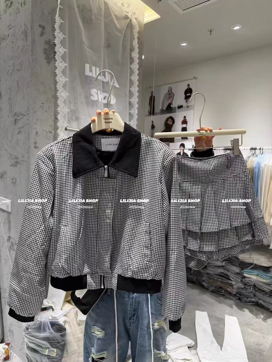 MH家 美式复古黑白格子短外套套装女百褶蛋糕短裙半身裙两件套