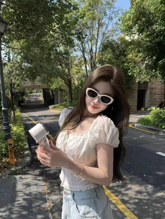 百搭显瘦系绳方领重工蕾丝钩花短袖 MH家 时尚 韩版 上衣 2026新款