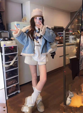 MH家 浅蓝色牛仔羊羔毛外套女2025冬季新款韩版百搭加厚短外套