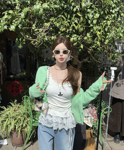 女2026韩国东大门薄荷绿气质波浪花边针织开衫 MH家 甜美开衫