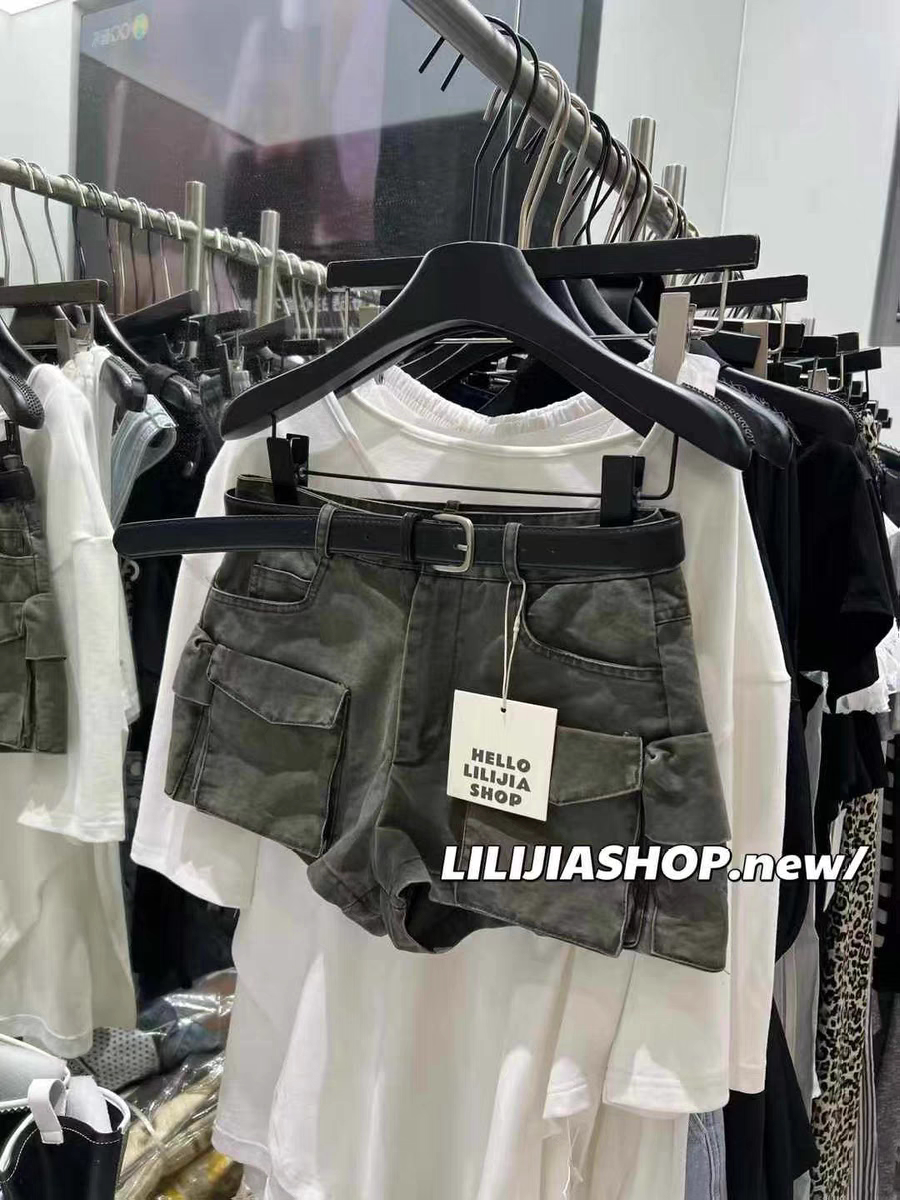 MH家 2025夏季新款韩版时尚百搭显瘦工装短裤女设计感腰带短裤