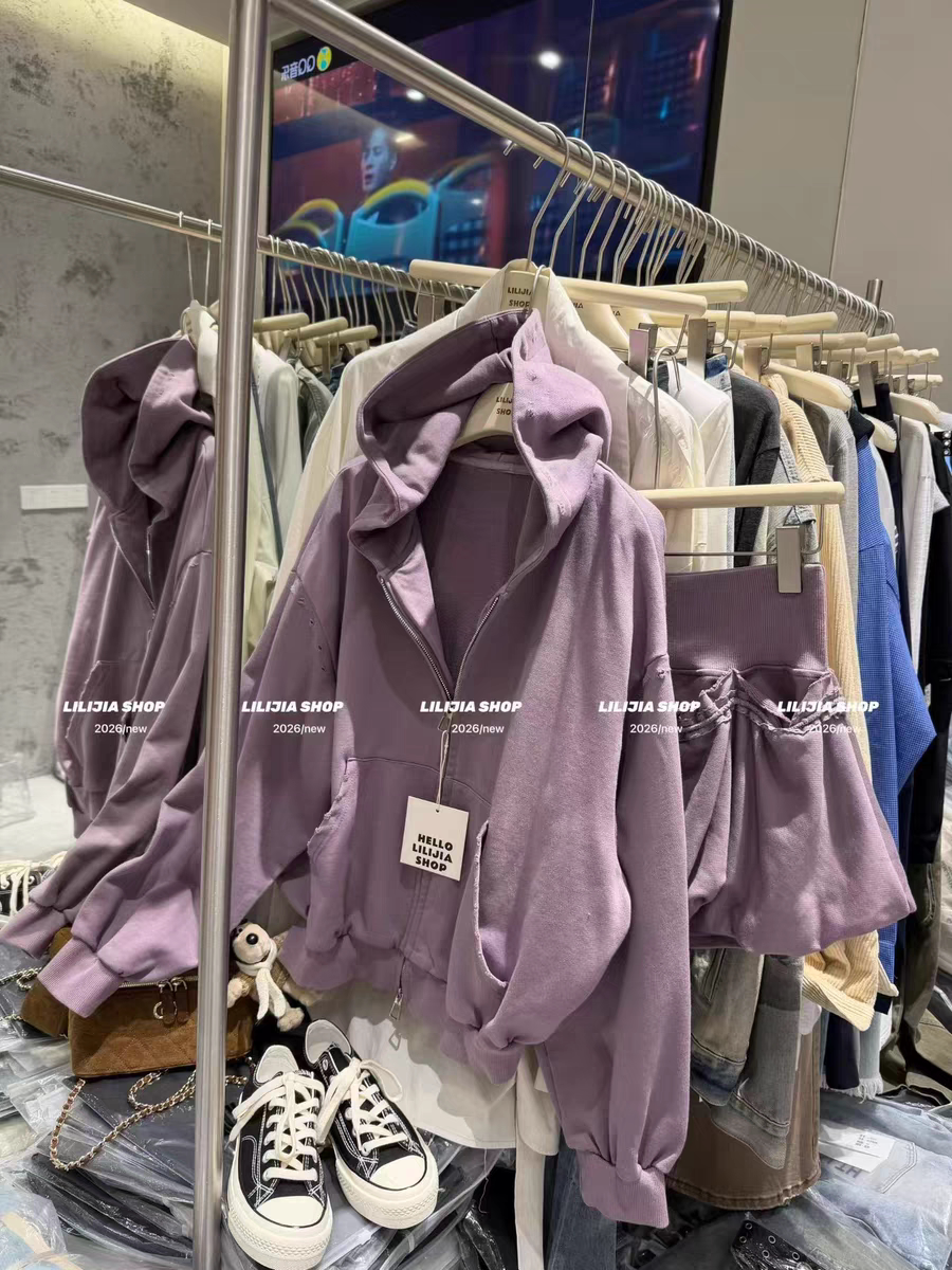 MH家 紫色连帽拉链短款卫衣外套女2026春季小个子花苞短裙套装