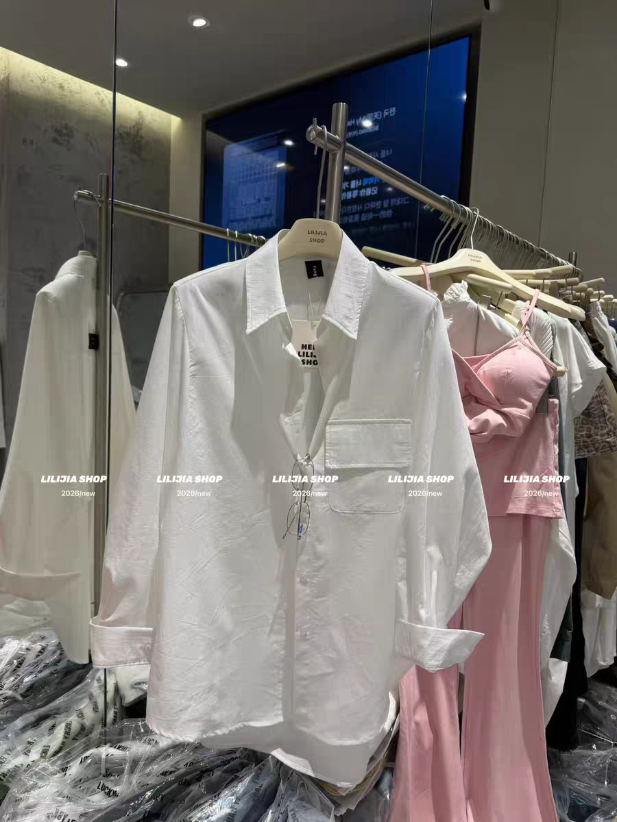 MH家 2026新款韩版百搭宽松显瘦后贴标翻领长袖衬衫中长款上衣