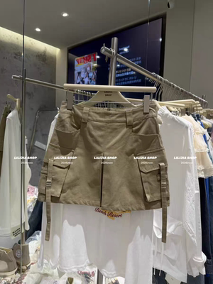 MH家 韩版高腰工装半身裙女2026夏气质设计感显瘦飘带A字短裙