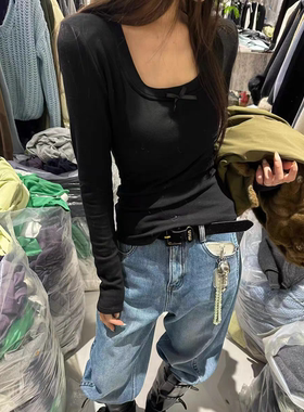 MH家 蝴蝶结装饰打底衫上衣女秋冬新款设计感内搭加绒长袖t恤女