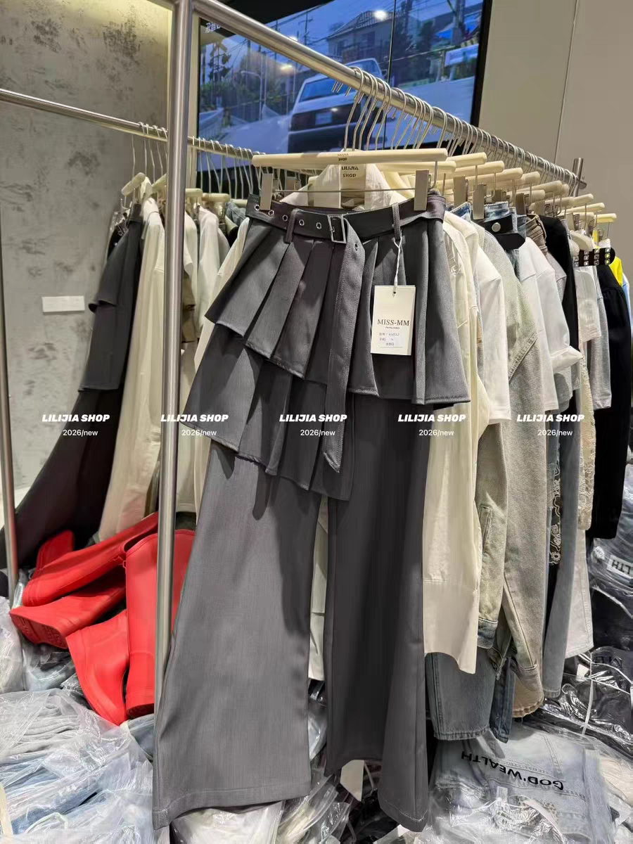 MH家 2026春季新款韩版百搭显瘦高腰微喇西裤女百褶屁帘长裤女