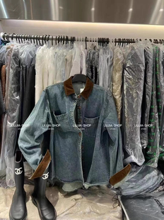 MH家 韩国2024秋季新款复古灯芯绒拼接牛仔衬衫女宽松休闲上衣