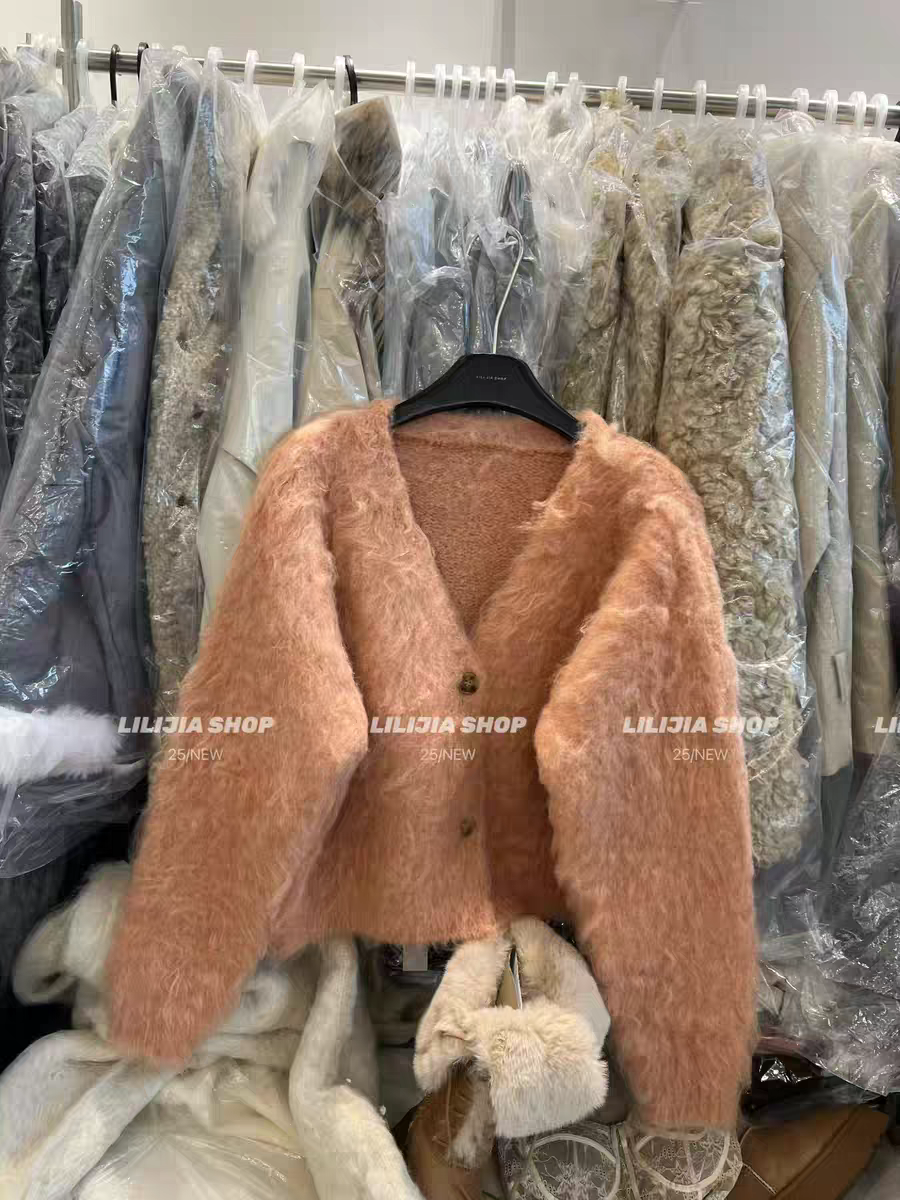 MH家 2025秋冬韩版宽松显瘦百搭V领马海毛针织开衫加厚毛衣女