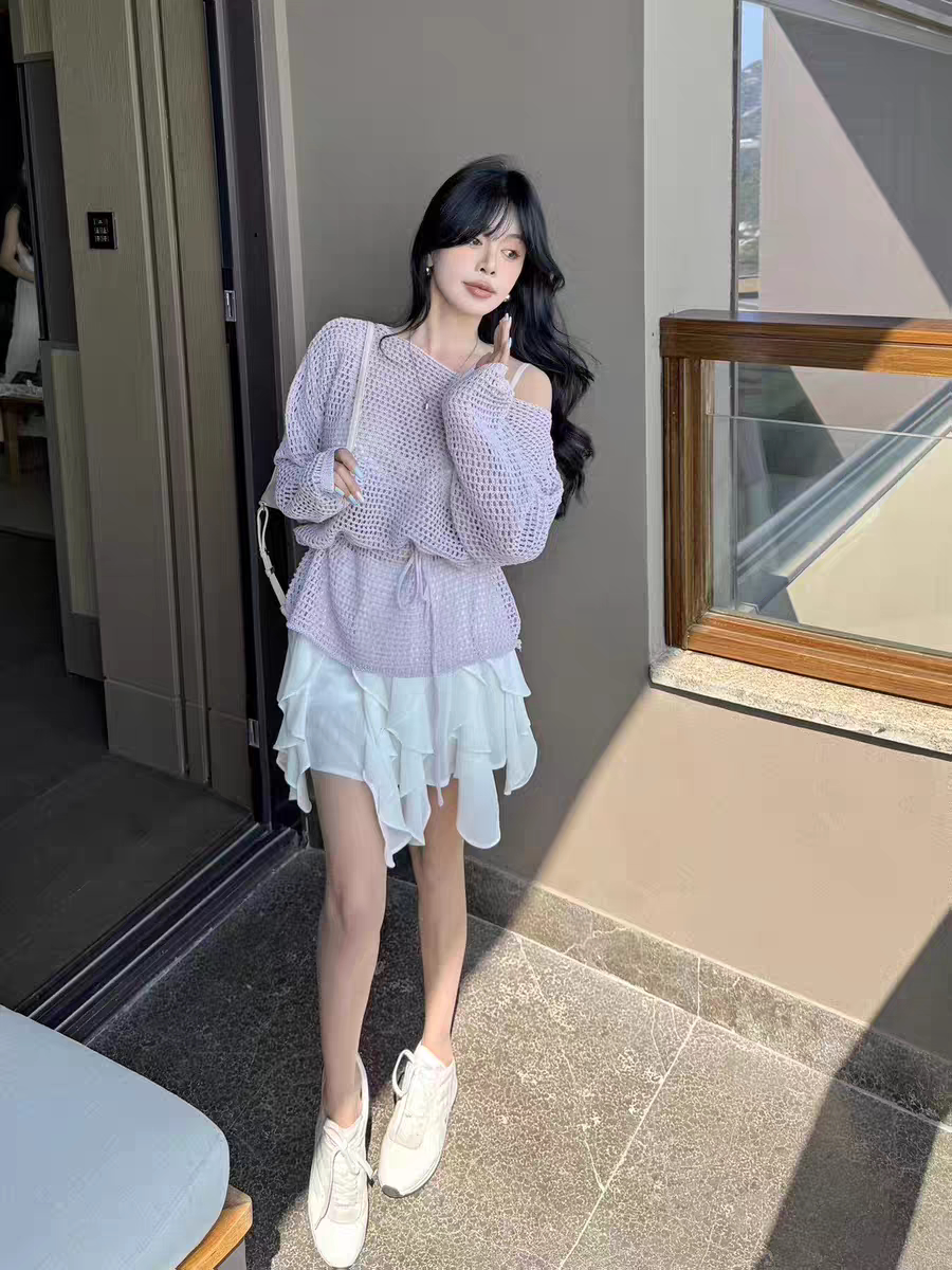 MH家 2026新款春夏镂空针织衫女慵懒防晒罩衫气质系带长袖上衣