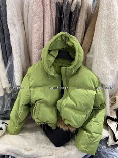 高腰小个子面包服 设计感时尚 MH家 绿色连帽羽绒棉女2024年冬季