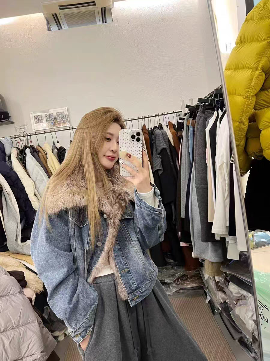 MH家 2025秋冬新款韩版时尚百搭宽松显瘦毛毛领牛仔夹棉外套女