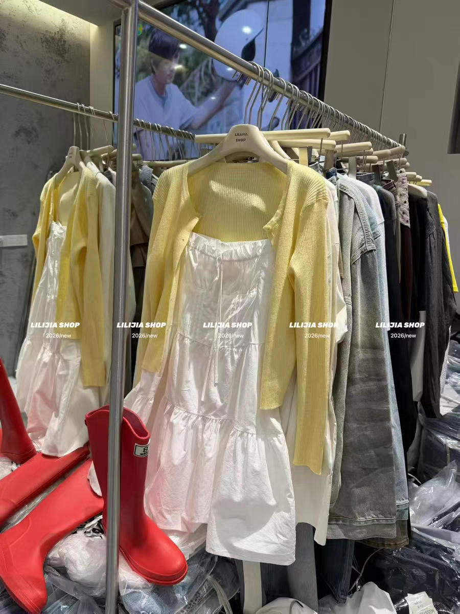 MH家 2026春小白裙初恋吊带连衣裙女小清新黄色针织开衫两件套