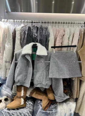 MH家 韩系高级感宽松保暖加棉灰色毛呢外套高腰显瘦半身裙套装